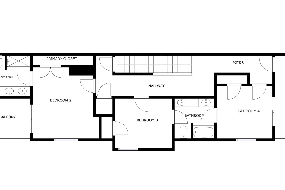 A bright, spacious interior shot encompassing the primary closet, a balcony, hallway, foyer, and glimpses into bedrooms. The image hints at seamless flow between living spaces, accessibility, and relaxation spots such as the balcony for morning coffee and the foyer for family gatherings.