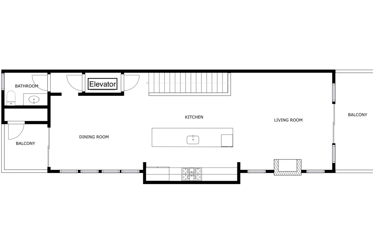 A wide-angle view of the kitchen island, living room area, and access to balconies. The open layout provides a glimpse of communal living—cooking, dining, and relaxing—against a backdrop of natural light and outdoor views.
