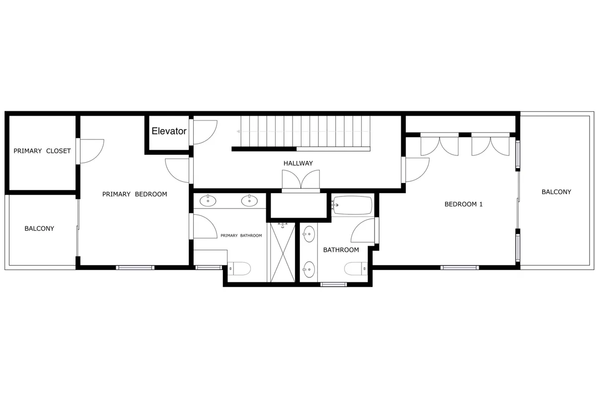 A bright and spacious hallway with views of the primary bedroom, multiple balconies, and an elevator. The scene is inviting and airy, suggesting both relaxing retreats and ease of movement throughout the home.